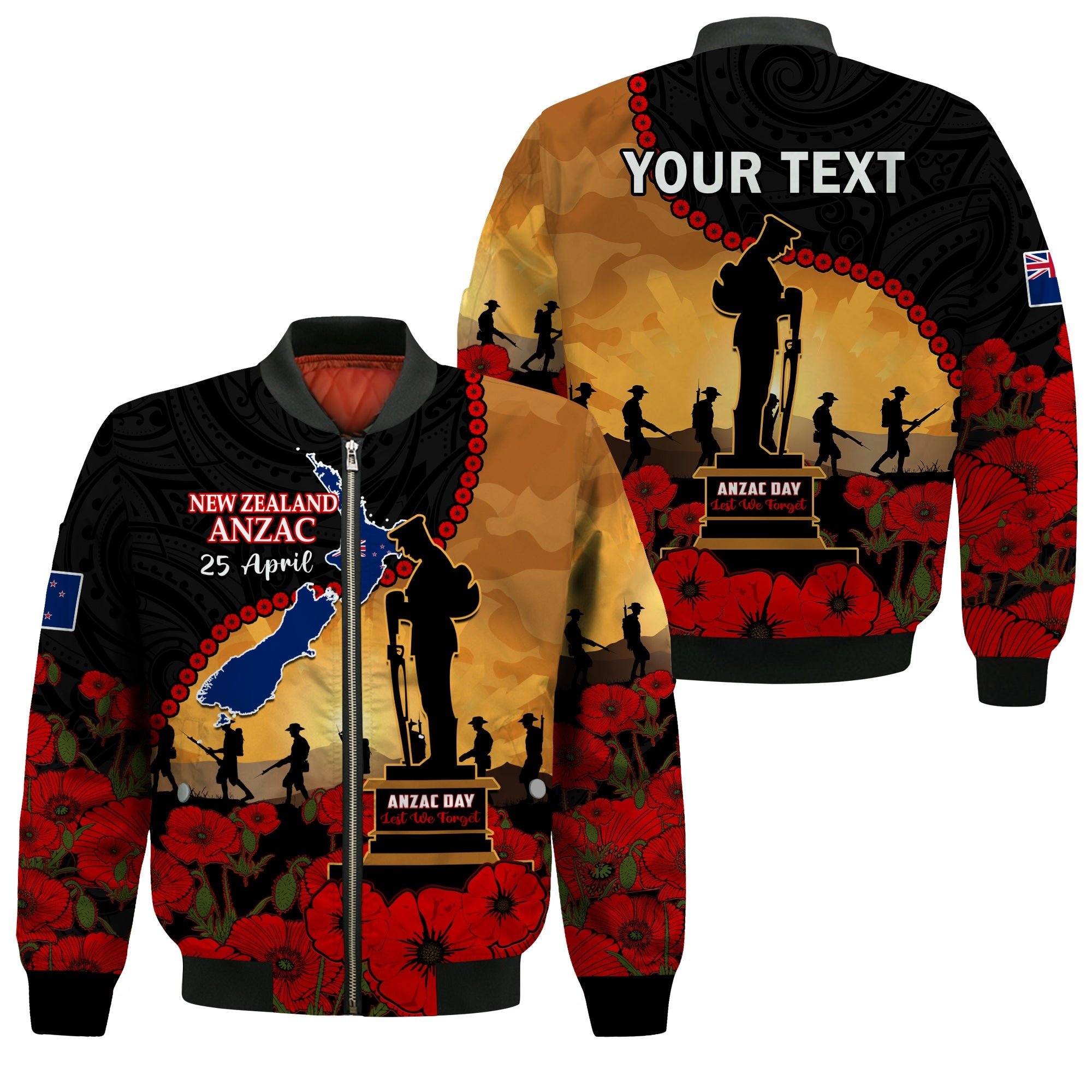 (Custom Personalised) New Zealand Anzac Bomber Jacket Maori Camouflage Mix Poppies We Will Remember Them LT14 Unisex Black - Polynesian Pride