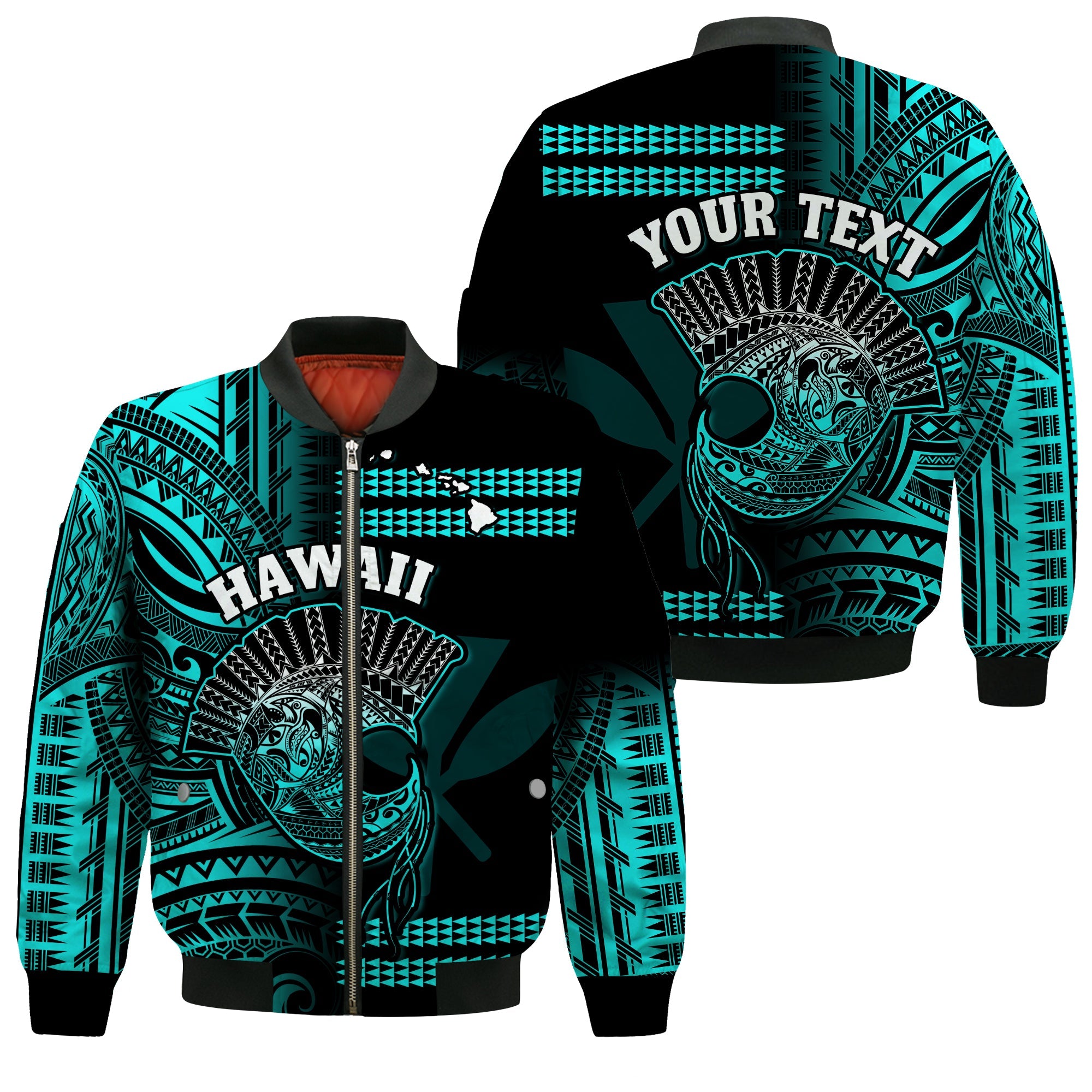 (Custom Personalised) Hawaii Bomber Jacket Kakau Warrior Helmet Gradient Turquoise Polynesian LT14 Unisex Turquoise - Polynesian Pride