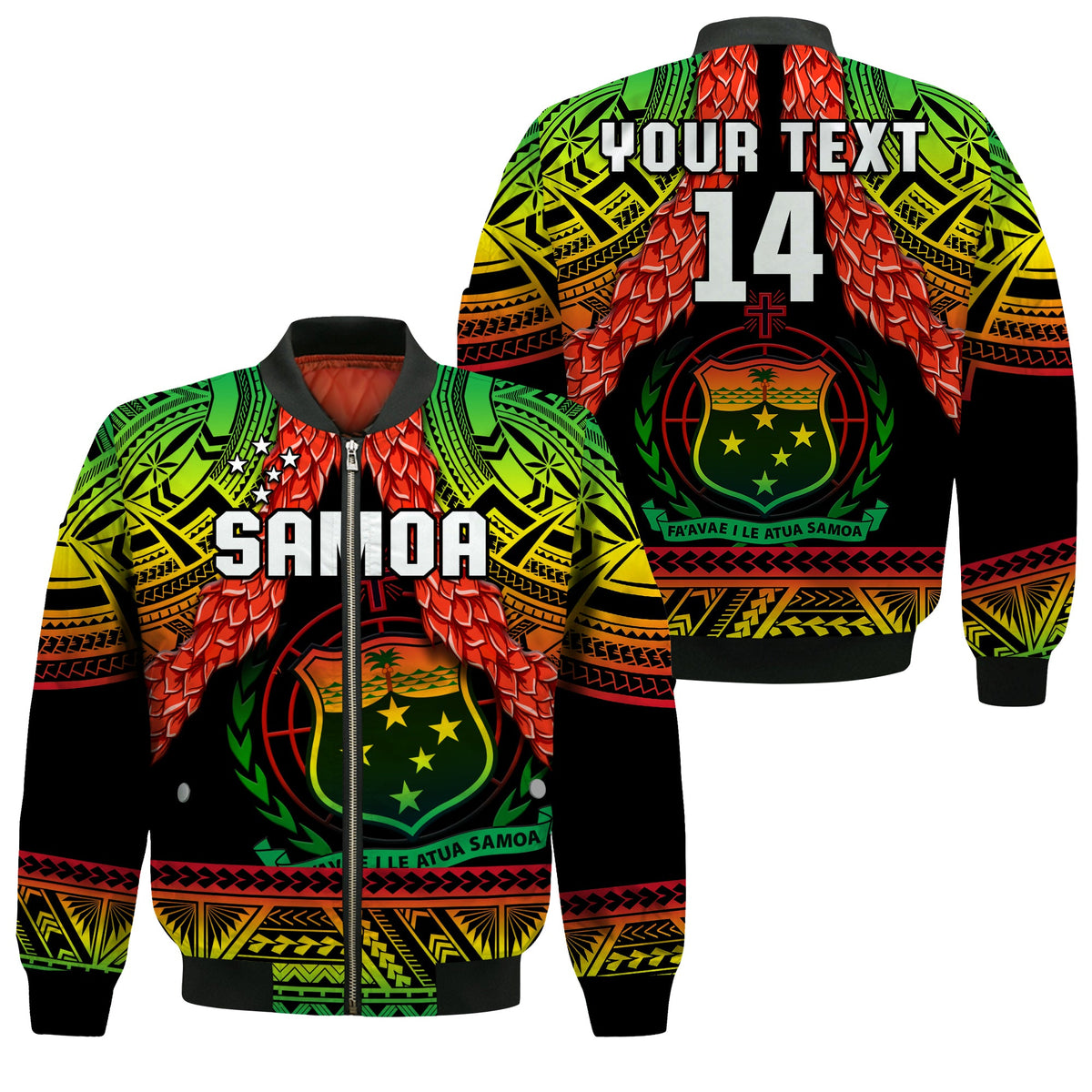(Custom Text And Number) Samoa Rugby Bomber Jacket Teuila Torch Ginger Gradient Style LT14 Unisex Black - Polynesian Pride