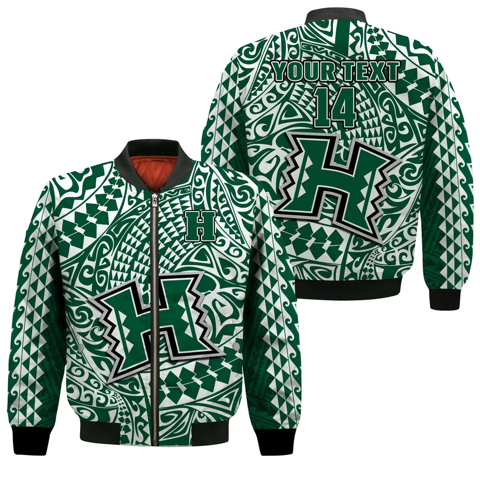 (Custom Text And Number) Hawaii Football Bomber Jacket Rainbow Warriors Tribal Kakau LT14 Unisex Green - Polynesian Pride