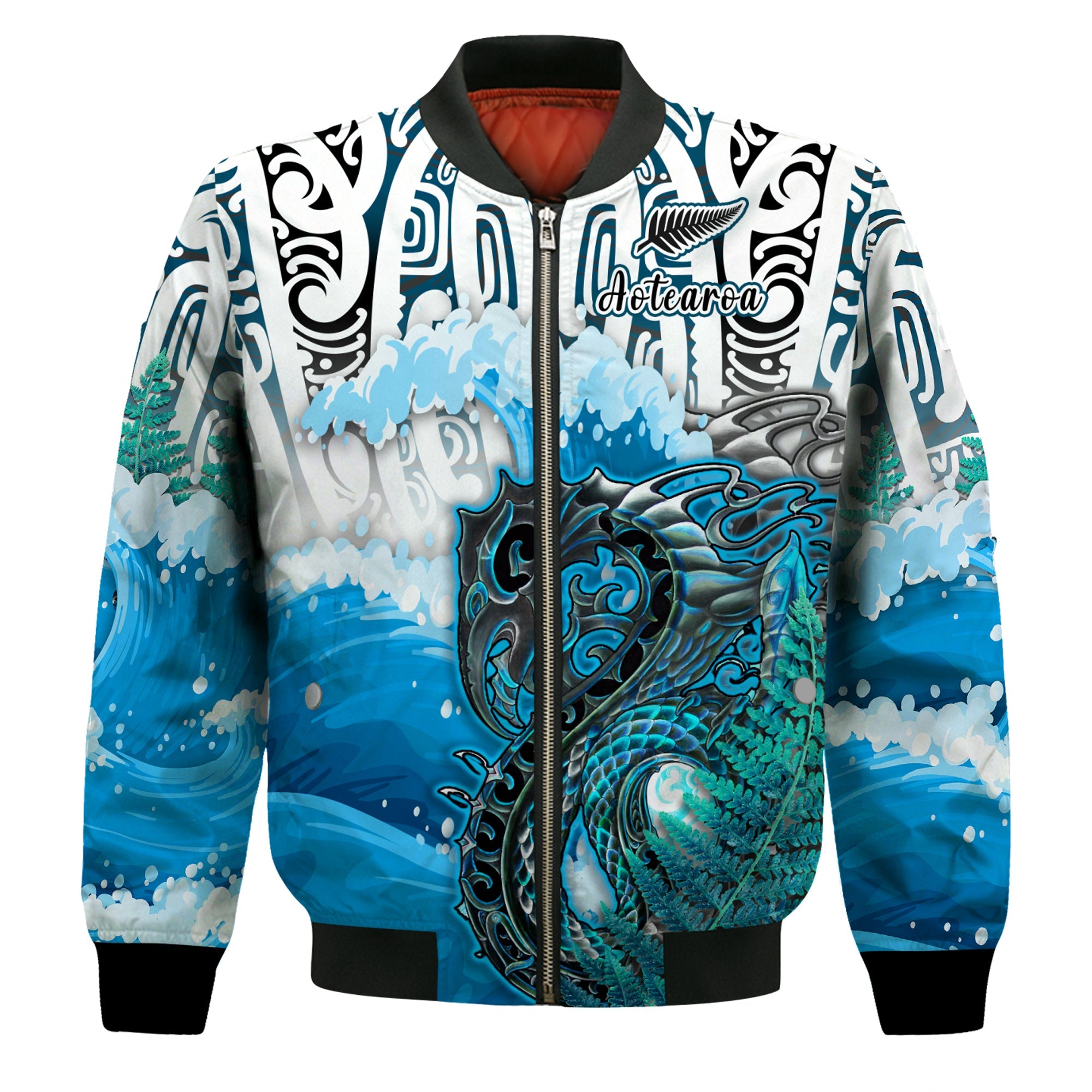 (Custom Personalised) Manaia Maori Bomber Jacket Fern Aotearoa Blue Waves LT13 Unisex Blue - Polynesian Pride