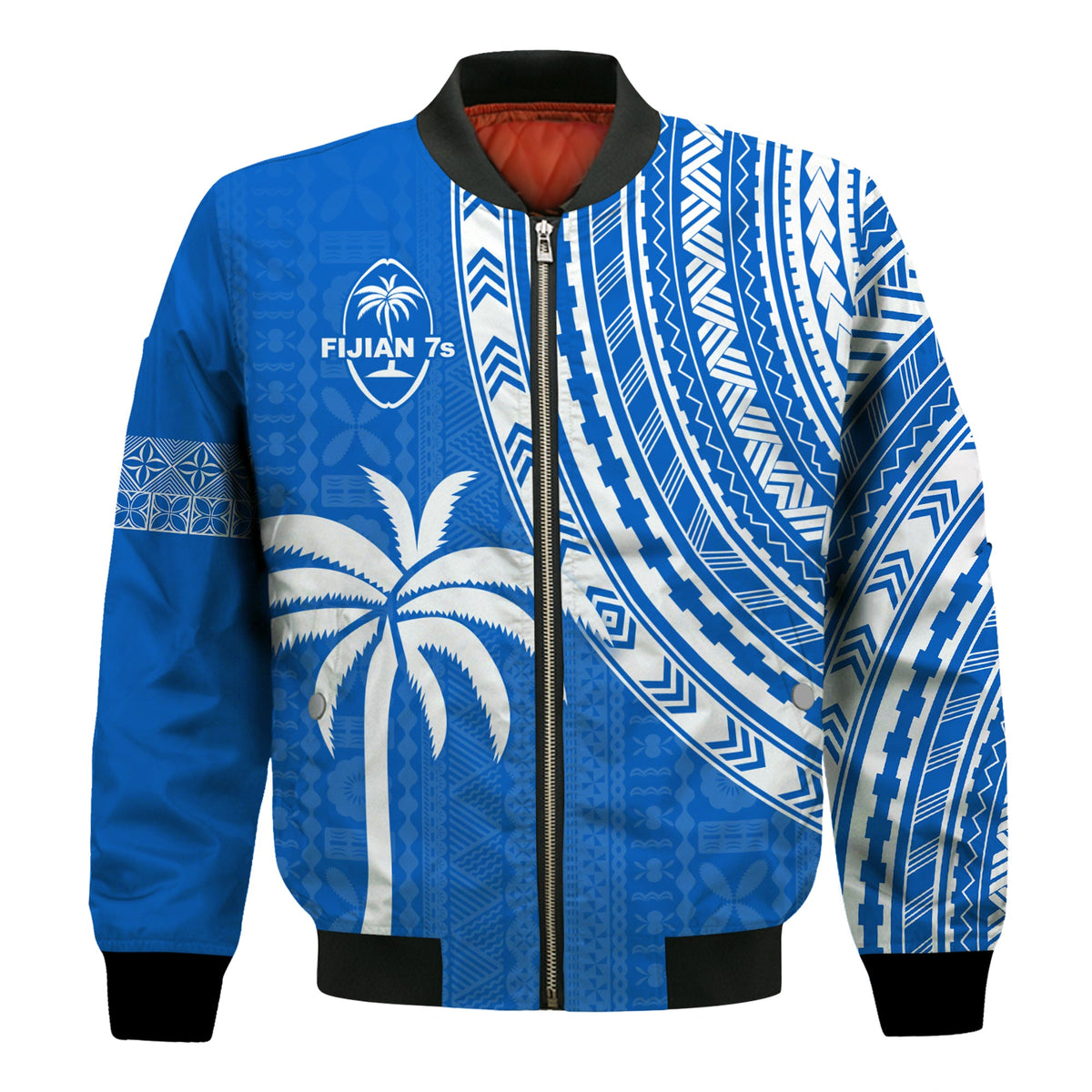 (Custom Text and Number) Fiji Rugby Sevens Bomber Jacket Fijian 7s Tapa Polynesian Blue Ver.01 LT13 - Polynesian Pride
