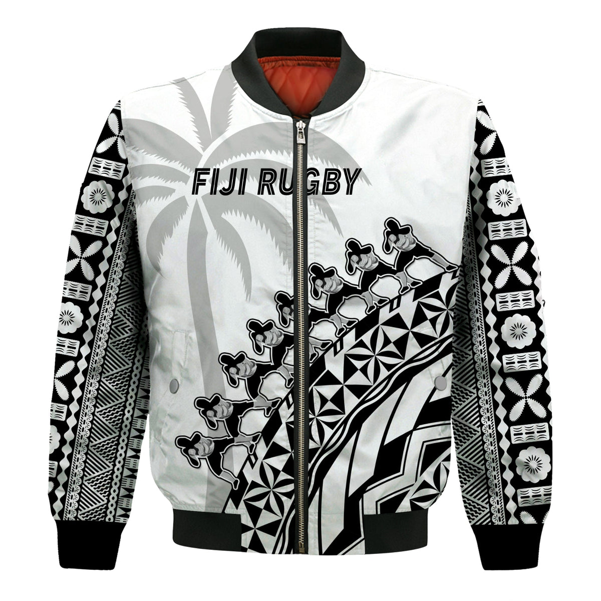 (Custom Text And Number) Fiji Rugby Bomber Jacket Fijian Cibi Dance Tapa Pattern White LT14 - Polynesian Pride