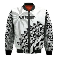 (Custom Text And Number) Fiji Rugby Bomber Jacket Fijian Cibi Dance Tapa Pattern White LT14 - Polynesian Pride