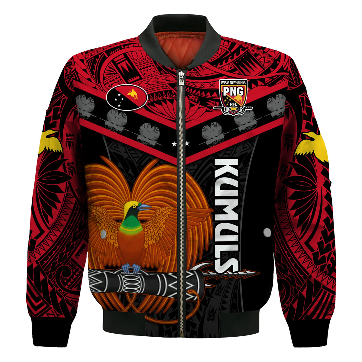 Papua New Guinea Rugby Bomber Jacket PNG Kumuls Bird Of Paradise Black LT14 - Polynesian Pride