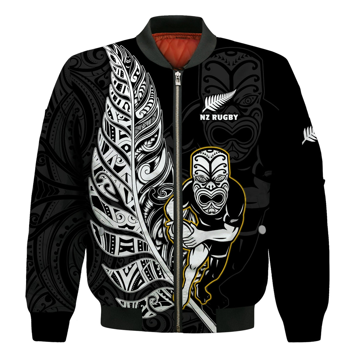 New Zealand Silver Fern Rugby Bomber Jacket All Black Maori Version Black LT14 Unisex Black - Polynesian Pride