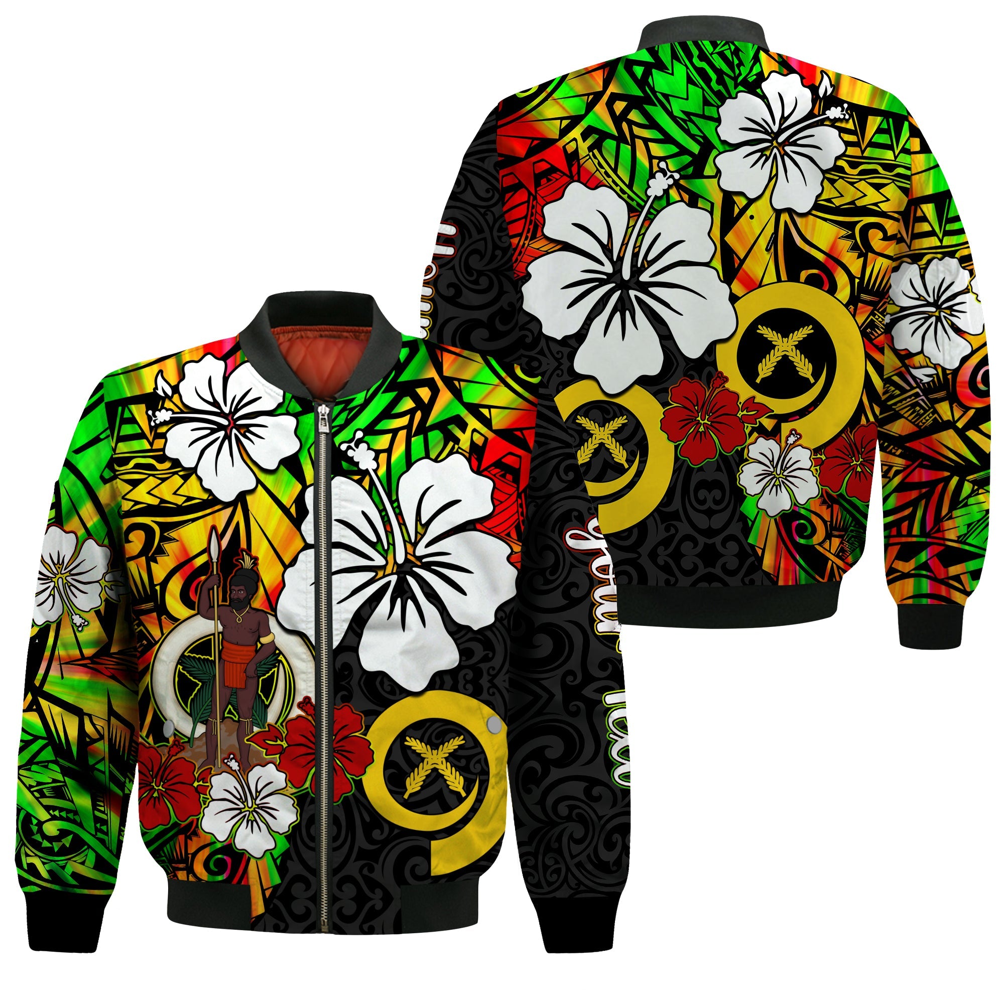 (Custom Personalised) Vanuatu Bomber Jacket Polynesia Tie Dye Hibiscus Flowers LT13 Unisex Art - Polynesian Pride