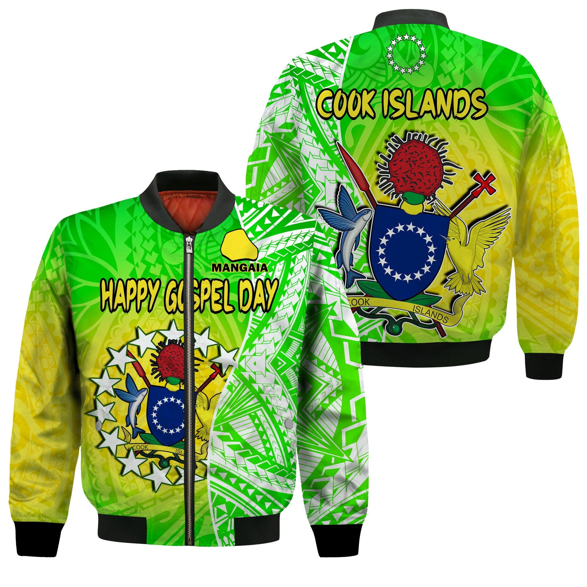 Happy Mangaia Gospel Day Bomber Jacket Cook Islands Coat Of Arms Polynesian Pattern LT14 Unisex Green - Polynesian Pride