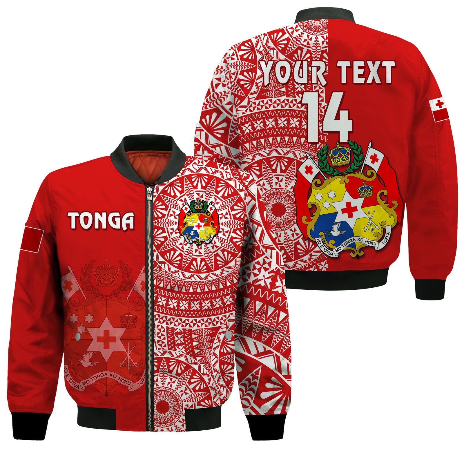 (Custom Text And Number) Tonga Bomber Jacket Tongan Coat Of Arms Ngatu Pattern LT14 Unisex Red - Polynesian Pride