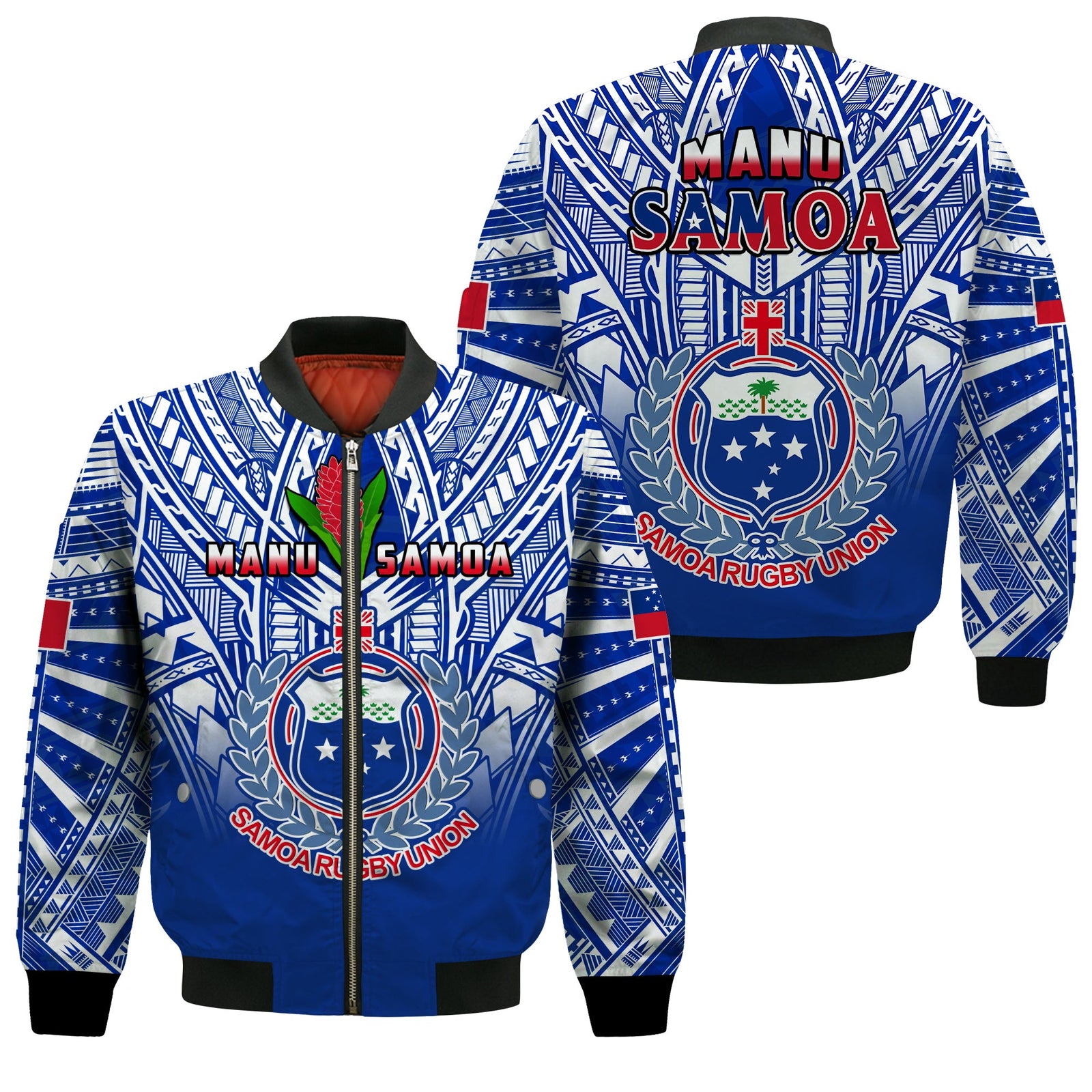 Samoa Rugby Bomber Jacket Manu Samoa 7s Ginger Blue Polynesian LT14 Unisex Blue - Polynesian Pride