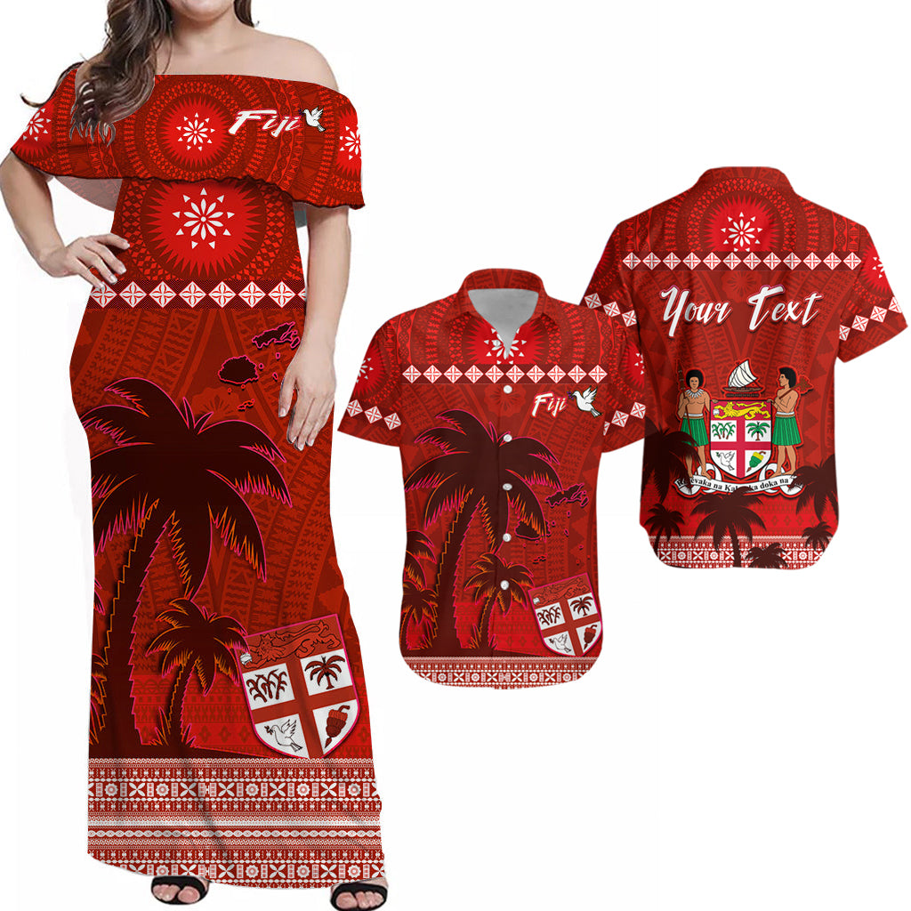 Custom Bula Fiji Matching Hawaiian Shirt and Dress Fijian Tapa Patterns with Palm Tree Red Ver.02 LT13 Red - Polynesian Pride