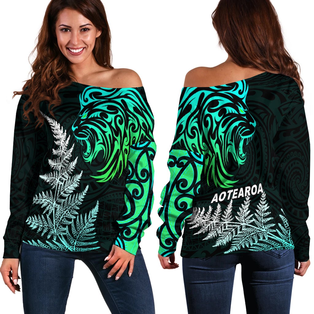 Lion Maori Off Shoulder Sweater Aotearoa mix Silver Fern Version Blue LT13 Blue - Polynesian Pride