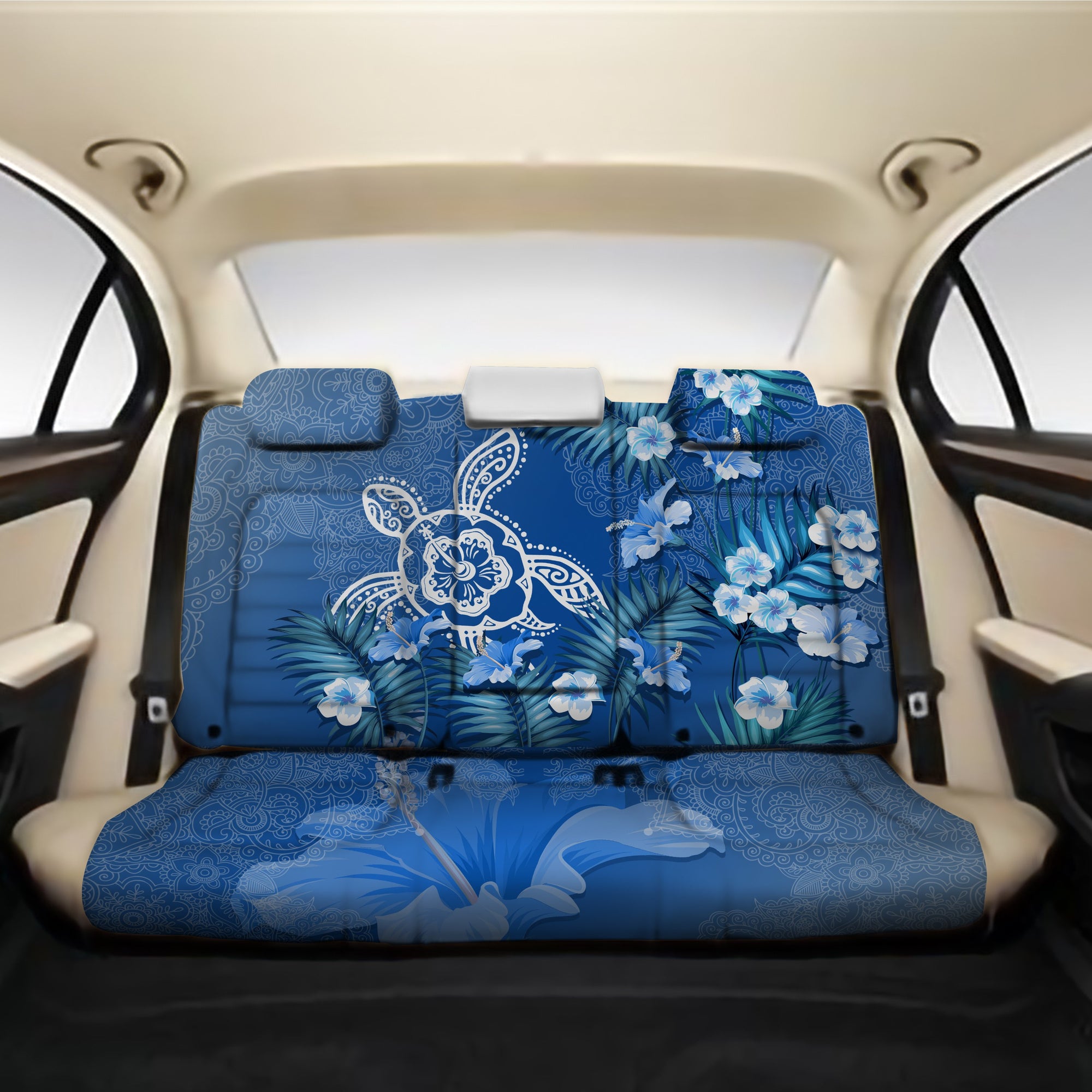 Hawaii Turtle Tropical Flower Polynesian Back Seat Cover - Anna Style - AH One Size Back Car Seat Covers Blue - Polynesian Pride