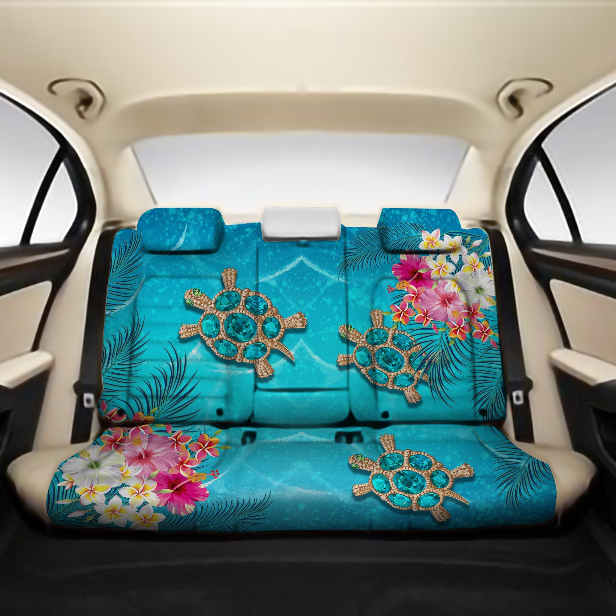 Hawaii Turtle Ocean Tropical Flowers Back Car Seat Covers - Siri Style - AH One Size Back Car Seat Covers Blue - Polynesian Pride