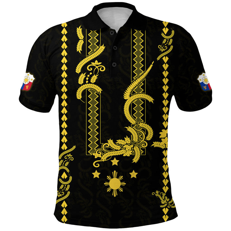 Philippines Polo Shirt Pechera With Side Barong Patterns LT9 Adult Black - Polynesian Pride