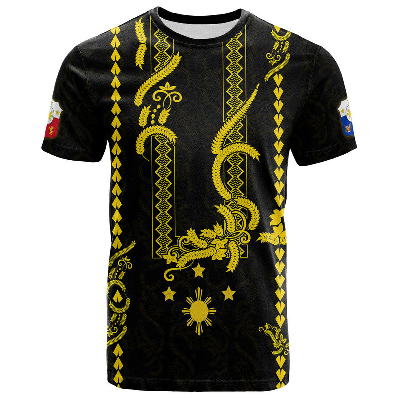 Custom Philippines T Shirt Pechera With Side Barong Patterns LT9 Adult Black - Polynesian Pride