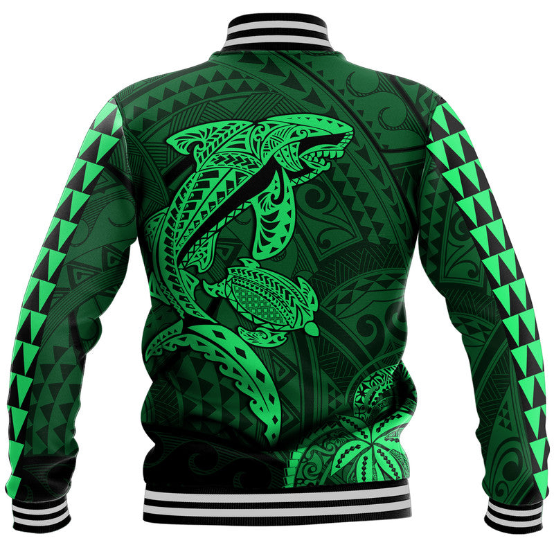 Hawaii Baseball Jacket Shark and Turtle Mix Kakau Green LT9 - Polynesian Pride