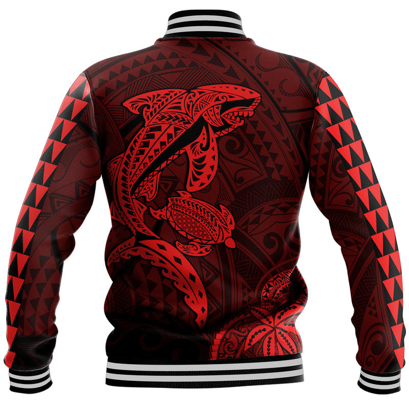 Hawaii Baseball Jacket Shark and Turtle Mix Kakau Red LT9 - Polynesian Pride