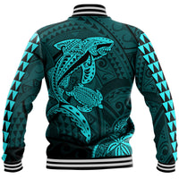 Hawaii Baseball Jacket Shark and Turtle Mix Kakau Turquoise LT9 - Polynesian Pride