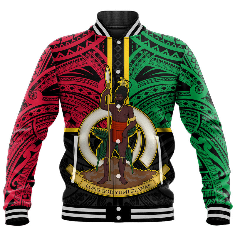 (Custom Personalised) Vanuatu Baseball Jacket Tribal Vanuatu Coat Of Arms Flag Style No2 LT9 Unisex Black - Polynesian Pride