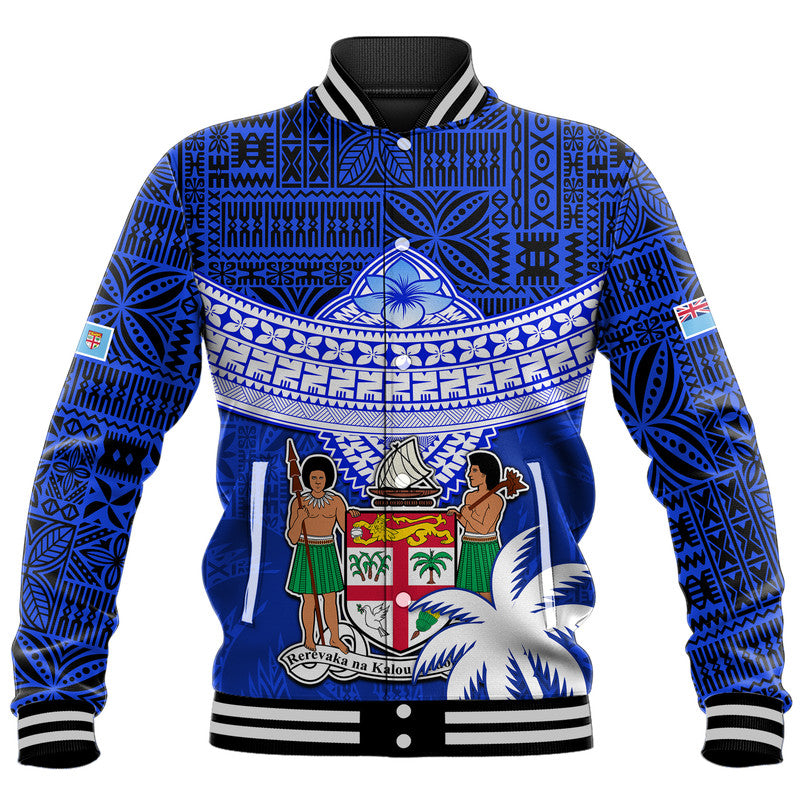 (Custom Personalised) Fiji Coat Of Arms Baseball Jacket Polynesian Tapa Palm Tree LT9 Unisex Blue - Polynesian Pride