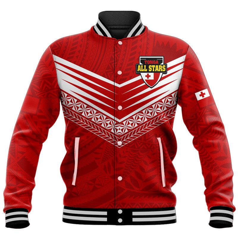 (Custom Personalised) PolyensianPride Tonga Rugby Tongan Kupesi Ngatu Design Baseball Jacket LT9 Unisex Red - Polynesian Pride