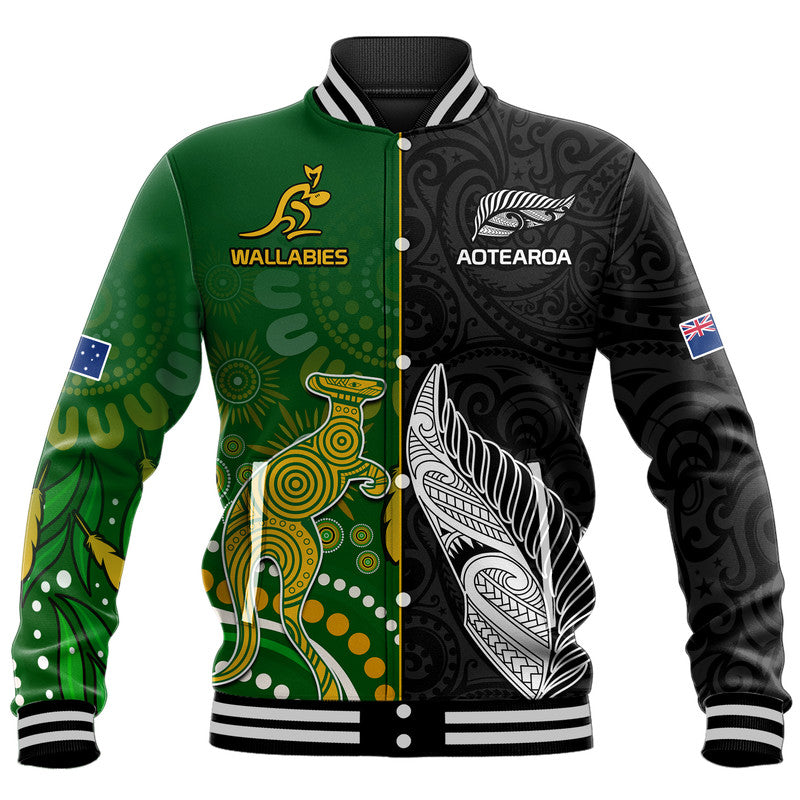 (Custom Personalised) Aotearoa Rugby All Black Combine Australia Wallabies Baseball Jacket Aboriginal Kangaroo And Maori Fern LT9 Unisex Black - Polynesian Pride