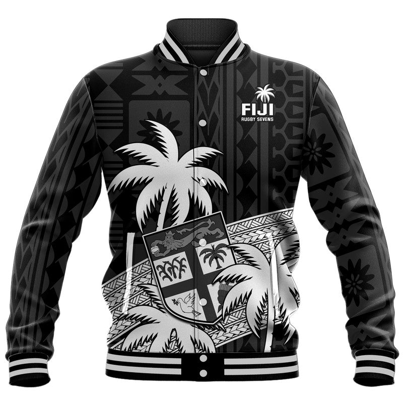 (Custom Text And Number) Fiji Rugby Sevens Baseball Jacket Tapa Palm Tree and Fijian Coat of Arms LT9 Unisex Blue - Polynesian Pride