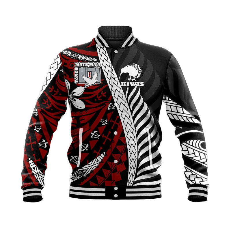 (Custom Personalised) Mate Ma'a Tonga Mixed Aotearoa Kiwis Rugby Baseball Jacket Silver Fern Mixed Polynesian Style LT9 Unisex Black - Polynesian Pride