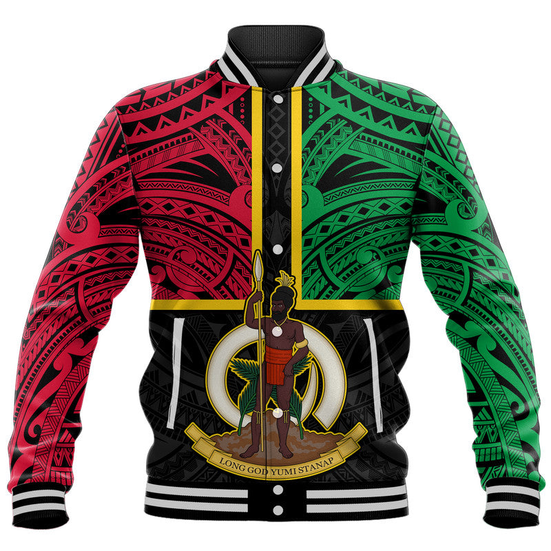 Vanuatu Baseball Jacket Tribal Vanuatu Coat Of Arms Flag Style LT9 Unisex Black - Polynesian Pride