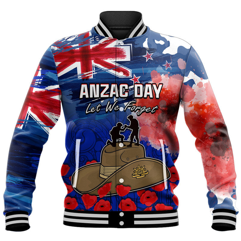 (Custom Personalised) New Zealand ANZAC Day Baseball Jacket Grunge Aotearoa Flag and Red Poppy LT9 Unisex Blue - Polynesian Pride