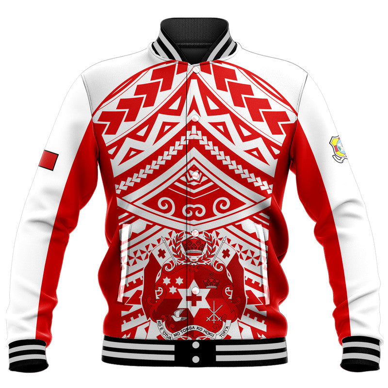 (Custom Text And Number) Tonga Rugby Sevens Baseball Jacket Coat of Arms Tribal Polynesian Pattern LT9 Unisex Red - Polynesian Pride