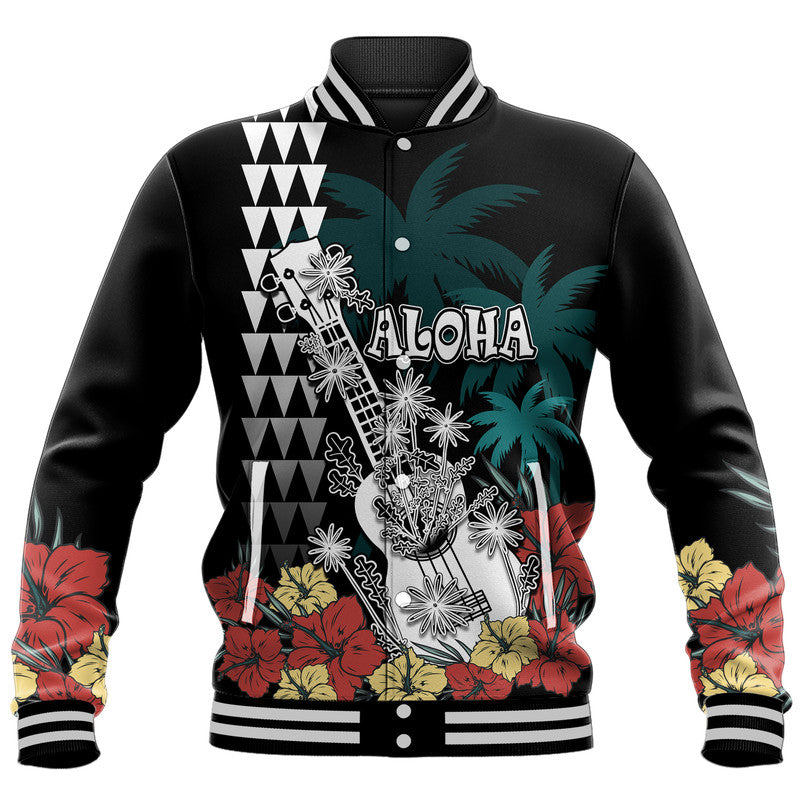 (Custom Personalised) Hawaii Ukulele Mix Hibiscus and Coconut Tree Baseball Jacket Aloha Vintage Black Version LT9 Unisex Black - Polynesian Pride