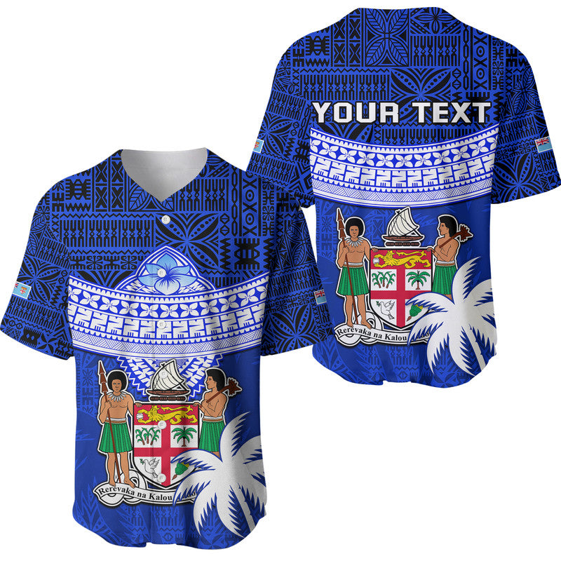 (Custom Personalised) Fiji Coat Of Arms Baseball Jersey Polynesian Tapa Palm Tree LT9 Blue - Polynesian Pride