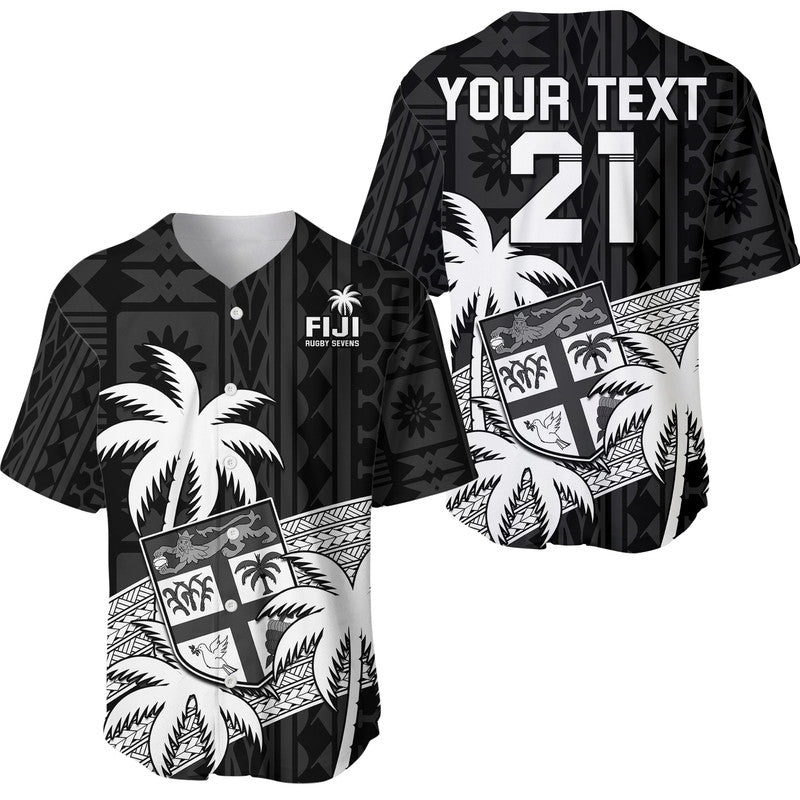 (Custom Text And Number) Fiji Rugby Sevens Baseball Jersey Tapa Palm Tree and Fijian Coat of Arms LT9 Blue - Polynesian Pride