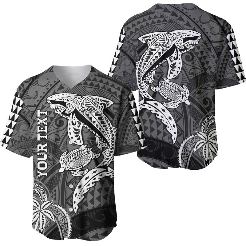 (Custom Personalised) Hawaii Baseball Jersey Shark and Turtle Mix Kakau LT9 Black - Polynesian Pride