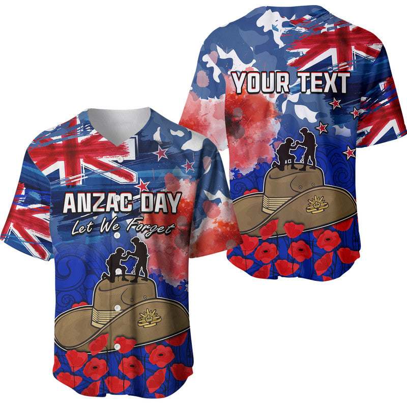 (Custom Personalised) New Zealand ANZAC Day Baseball Jersey Grunge Aotearoa Flag and Red Poppy LT9 Blue - Polynesian Pride