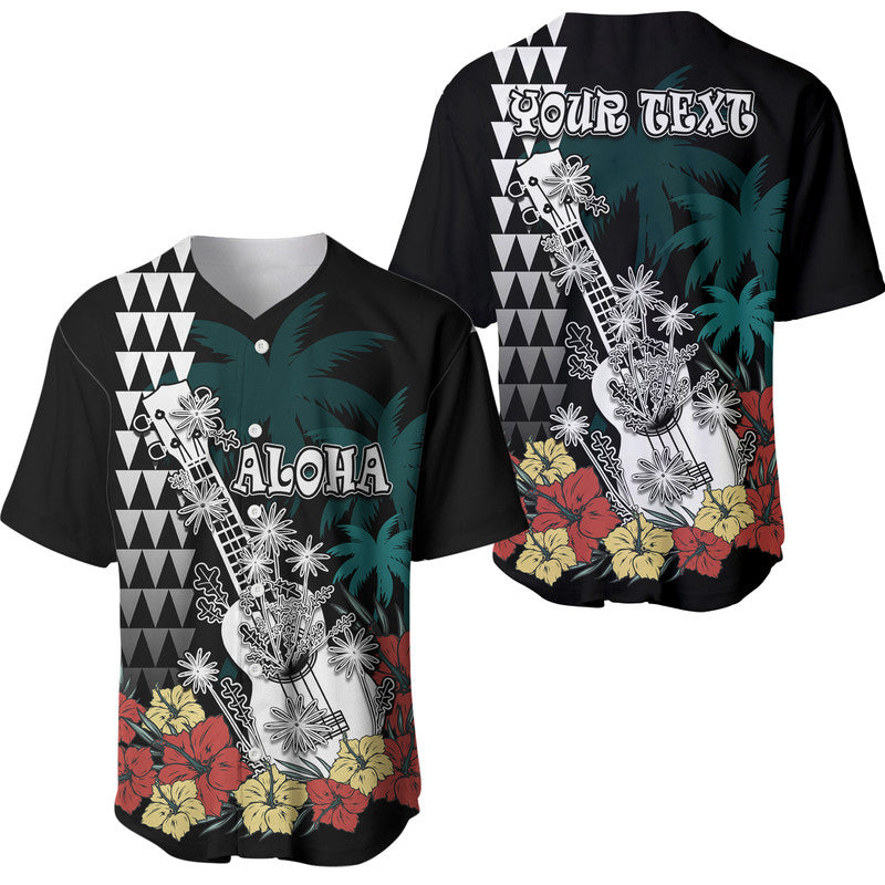 (Custom Personalised) Hawaii Ukulele Mix Hibiscus and Coconut Tree Baseball Jersey Aloha Vintage Black Version LT9 Black - Polynesian Pride