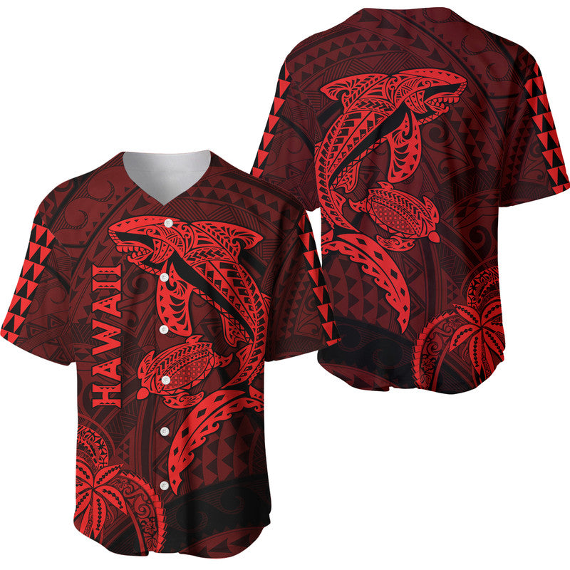 Hawaii Baseball Jersey Shark and Turtle Mix Kakau Red LT9 Red - Polynesian Pride