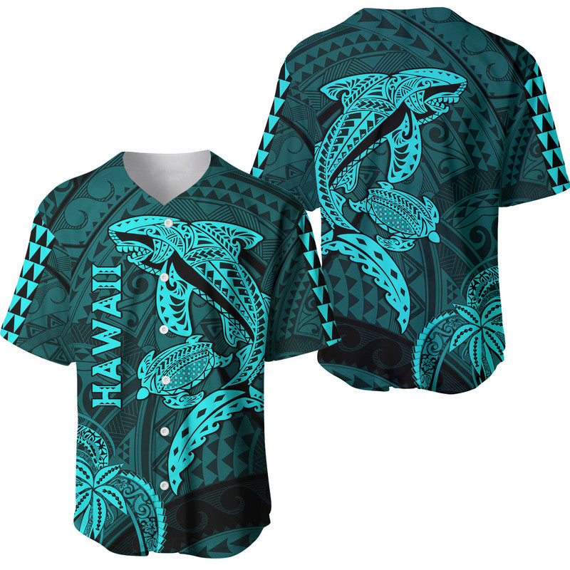 Hawaii Baseball Jersey Shark and Turtle Mix Kakau Turquoise LT9 Turquoise - Polynesian Pride