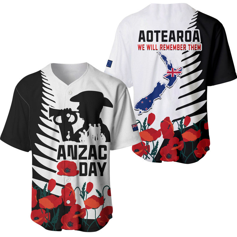 New Zealand ANZAC Day Baseball Jersey Military Silver Ferns and Red Poppy LT9 Black - Polynesian Pride