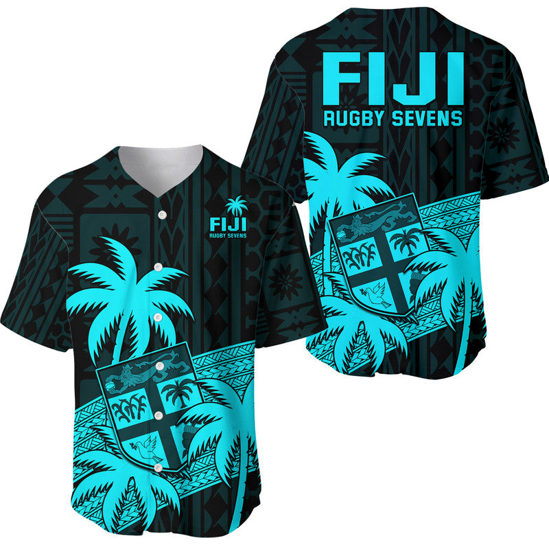 Fiji Rugby Sevens Baseball Jersey Tapa Palm Tree and Fijian Coat of Arms LT9 Blue - Polynesian Pride