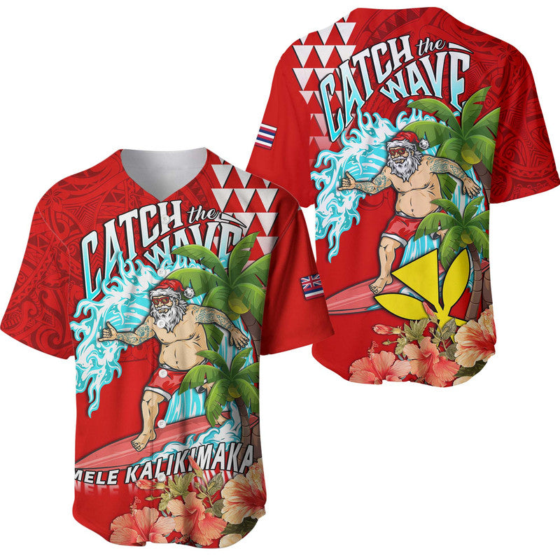 Hawaii Mele Kalikimaka Baseball Jersey Santa Claus Surfing Xmas Time LT9 Red - Polynesian Pride