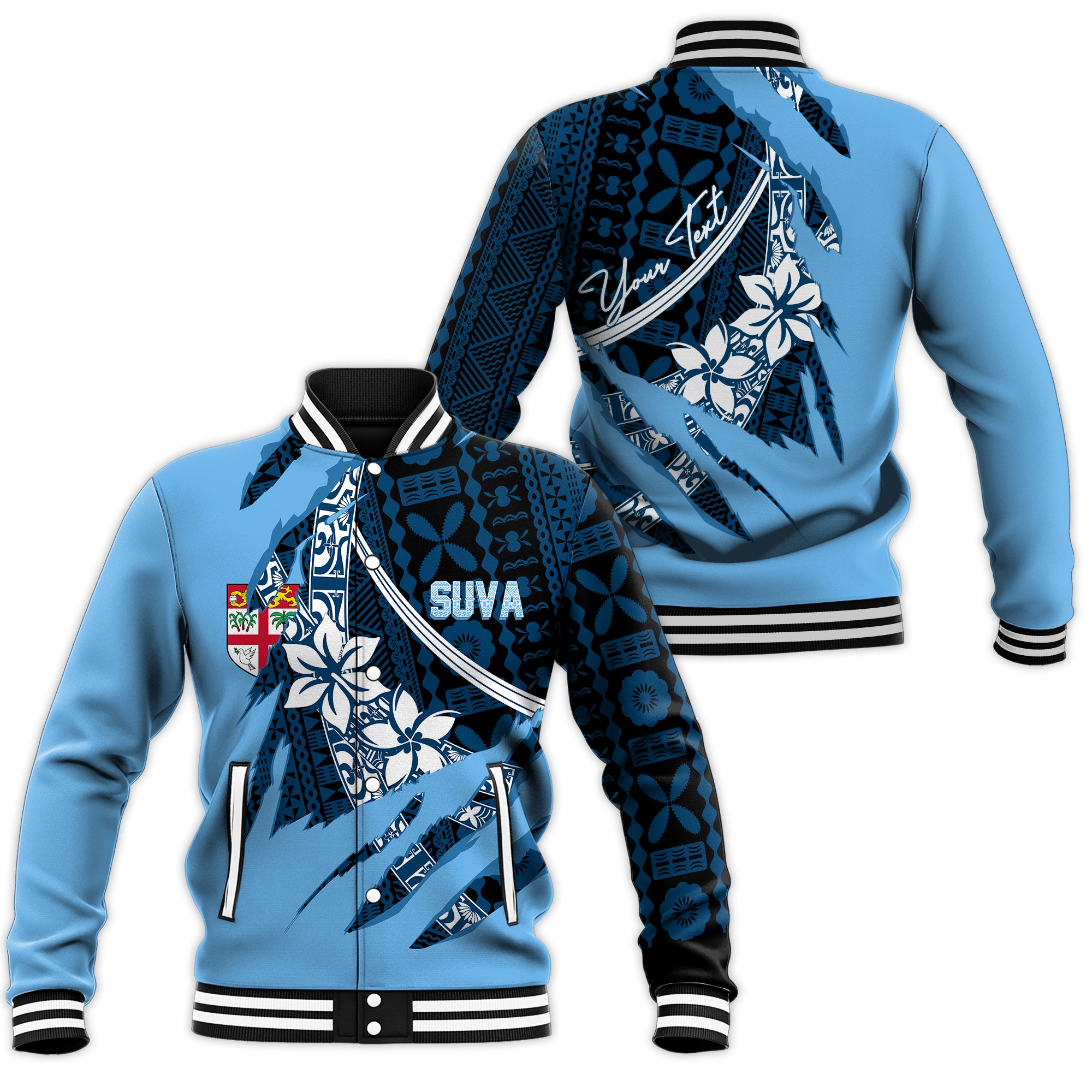 Fiji Suva Masi Pattern Personalised Baseball Jacket Claw Style LT7 Unisex Turquoise - Polynesian Pride