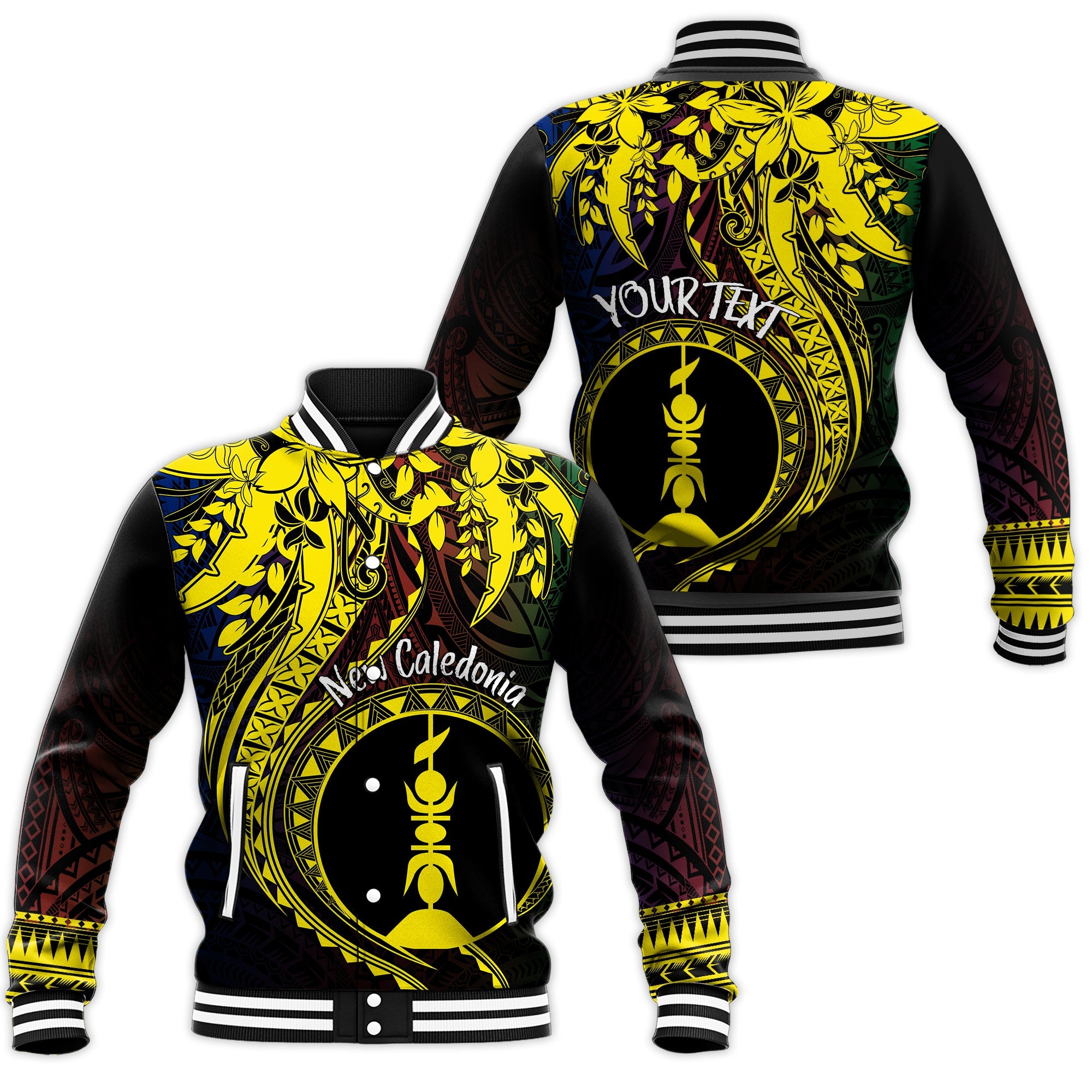 New Caledonia Personalised Baseball Jacket Kanaky Mix Plumeria LT7 Unisex Black - Polynesian Pride