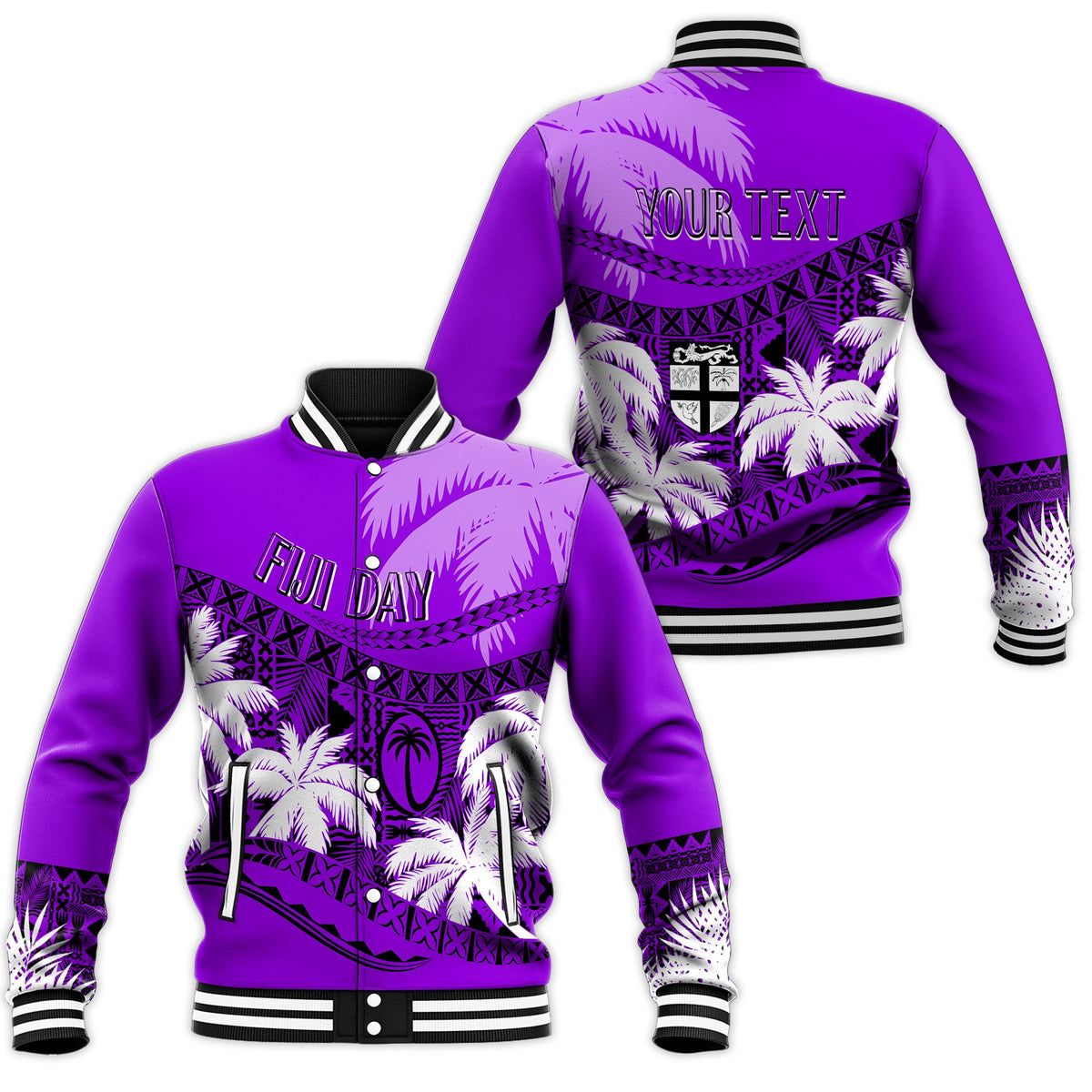 Personalised Fiji Day Baseball Jacket Flying Fijians Masi Kesa Style - Violet LT7 Unisex Violet - Polynesian Pride