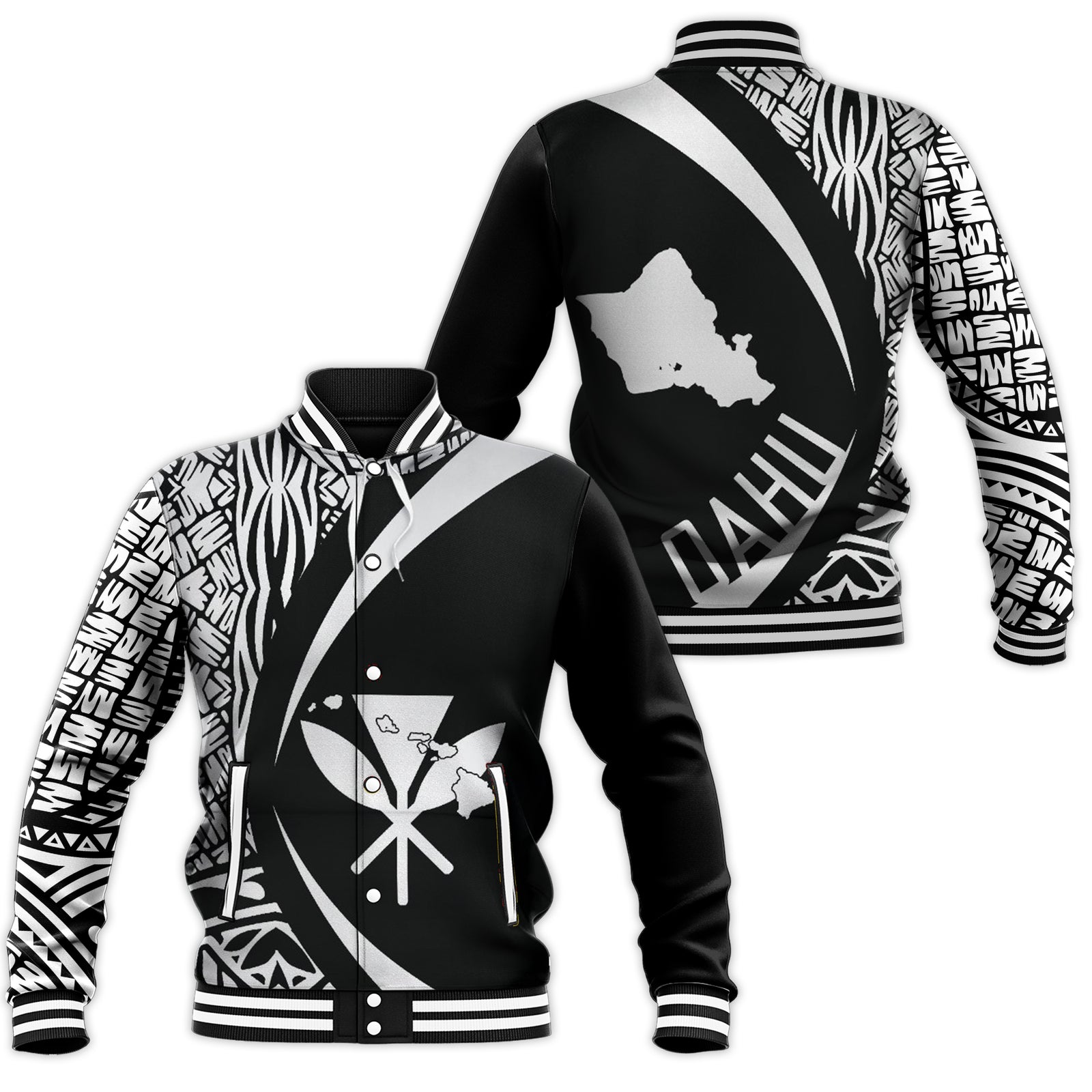 Oahu Kanaka Maoli Polynesian Baseball Jacket - Circle Style RLT7 Unisex Black - Polynesian Pride