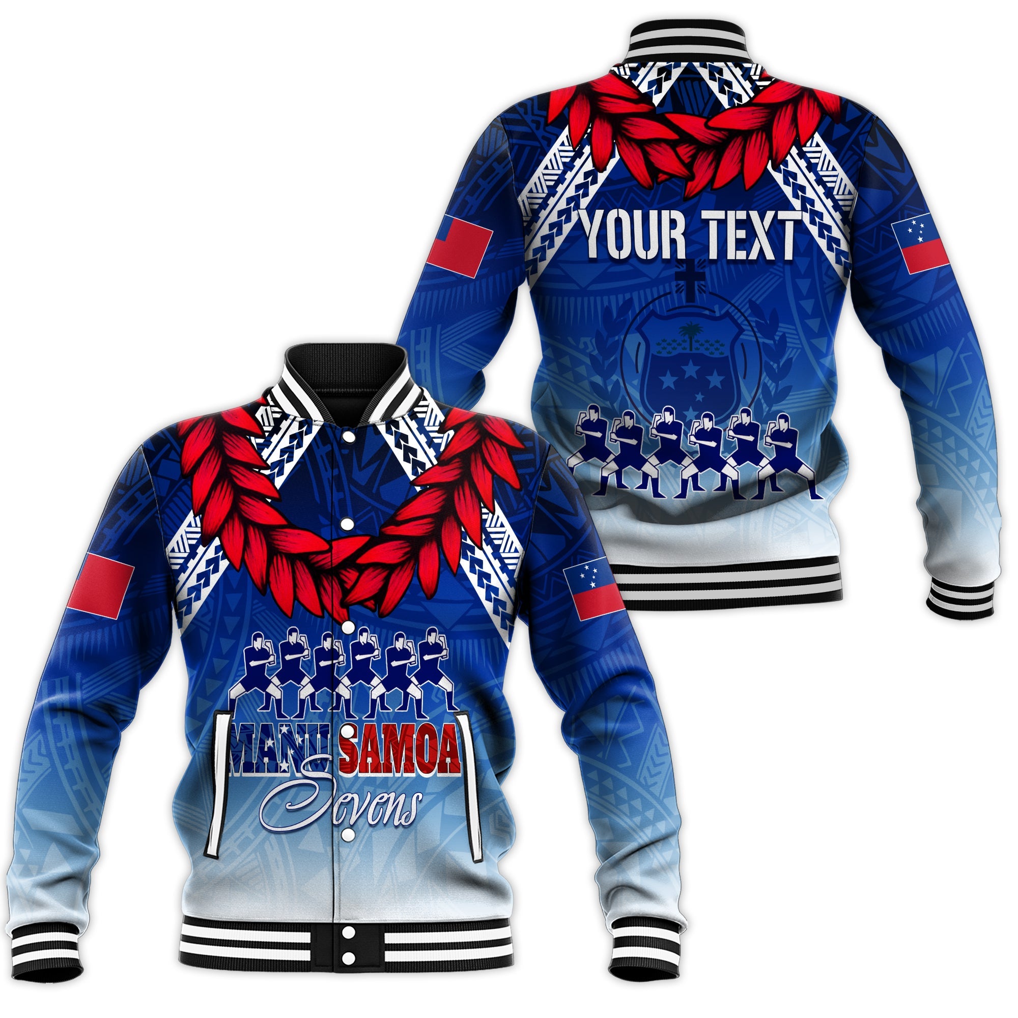 Personalised Samoa Sevens Baseball Jacket Manu Siva Tau With Ula Fala LT7 Unisex Blue - Polynesian Pride