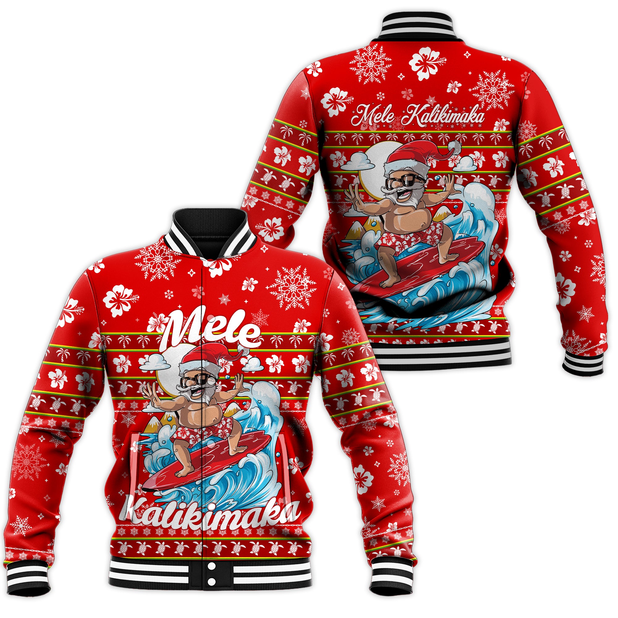 Hawaii Christmas Santas Surf Mele Kalikimaka Baseball Jacket - LT2 Unisex RED - Polynesian Pride
