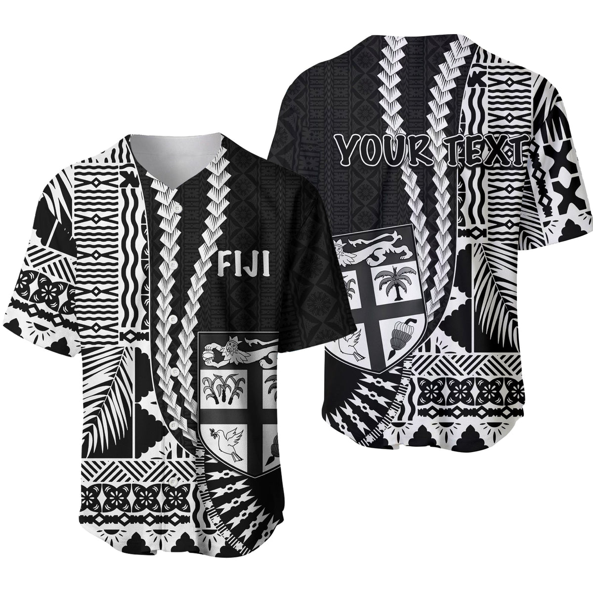 (Custom Personalised) Fiji Basebal Jersey Masi Tapa Patterns Black Style LT6 Black - Polynesian Pride